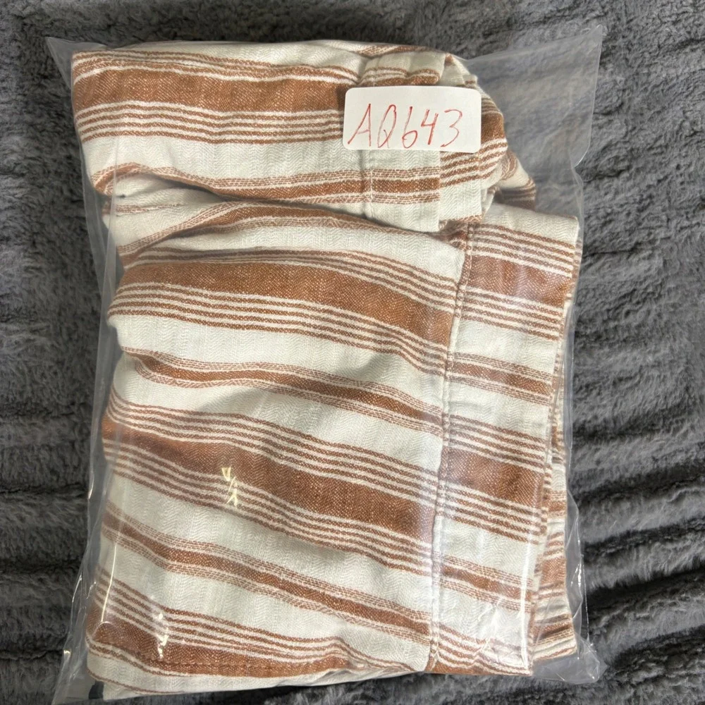 a.n.a Linen Cotton Striped Wide Leg Crop Pants Petite Small Rust White Button